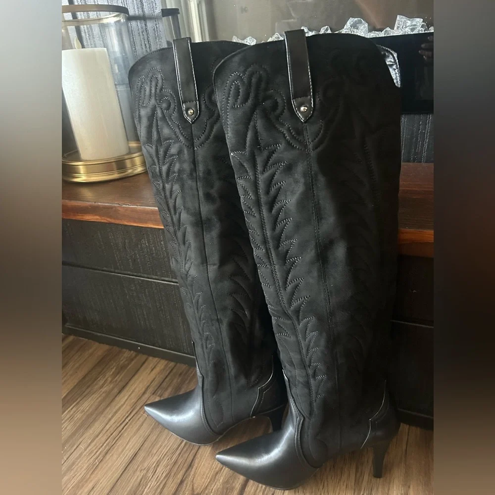 FSJ Black Over-the-Knee Western Boots with Stitch Detail